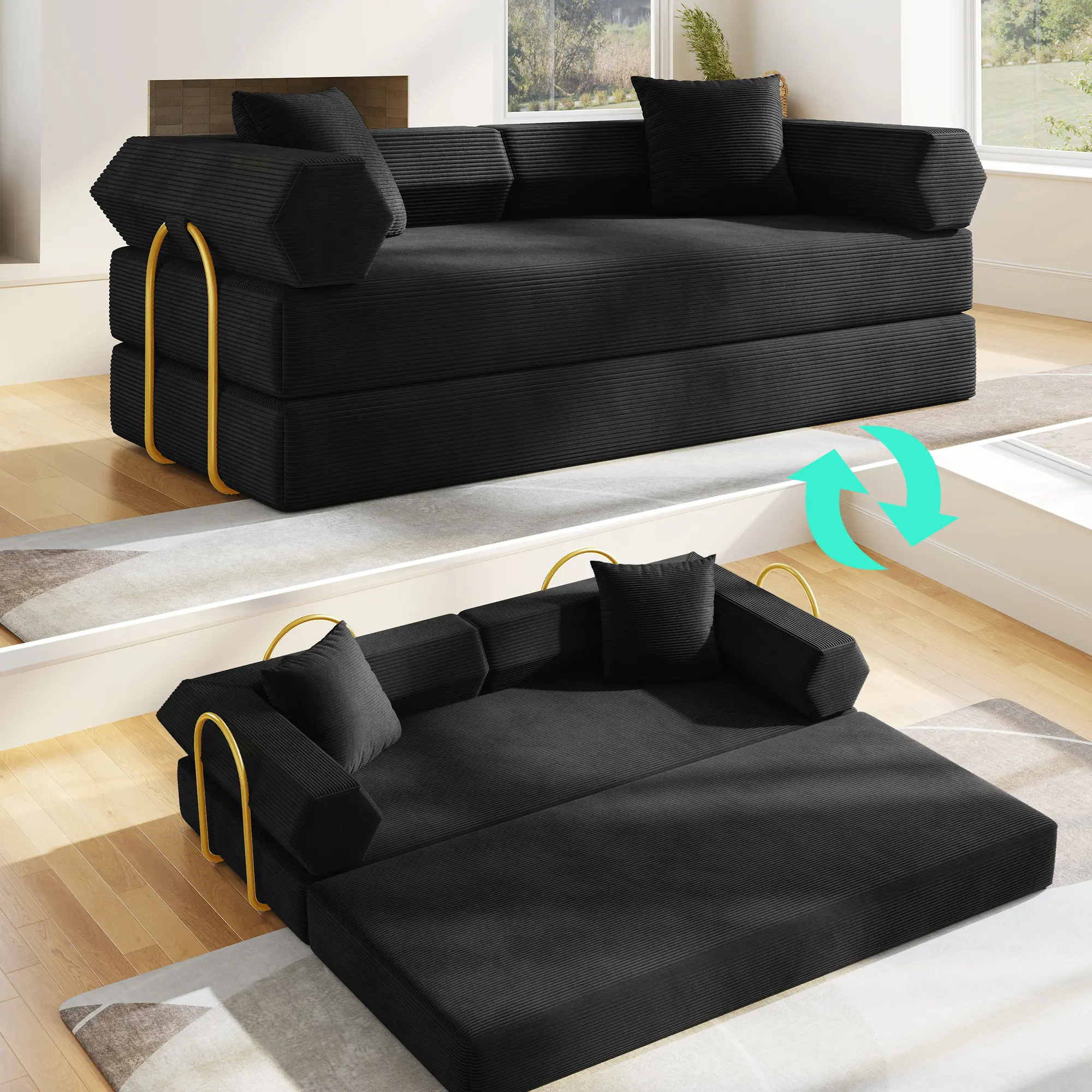 KELVISS 79" Durable Modern Floor Sofa Bed, Convertible Sleeper Sofa with Angled Armrests, Corduroy Futon Couch, 2 Headrest Pillows, Memory Sponge Support, Easy Setup for Small Spaces