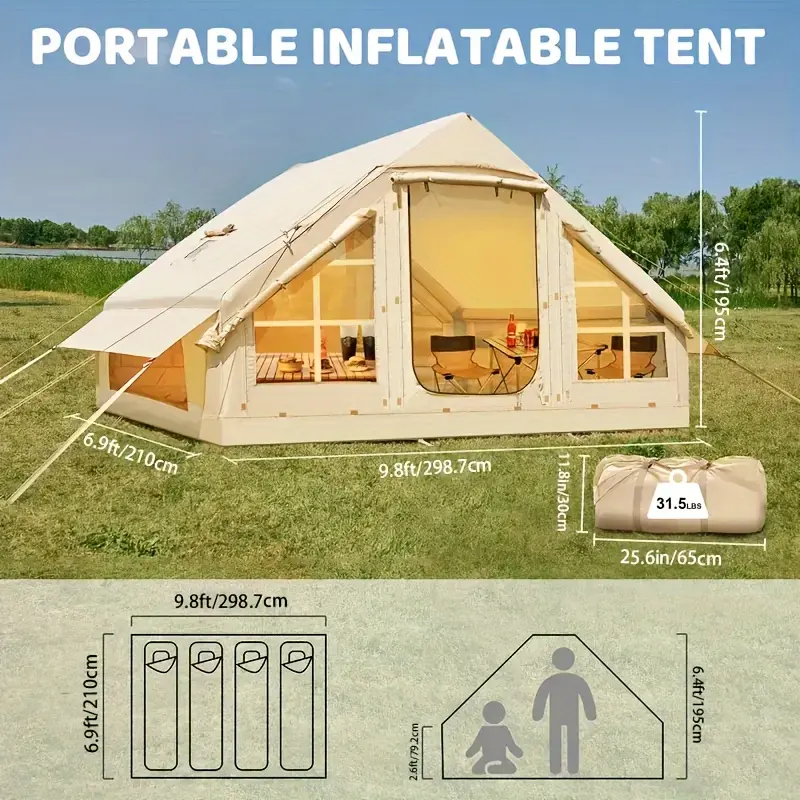 Unisex Adult Glamping Tent - 2/3/4 Person 4-Season Waterproof Oxford Cloth Hot Cabin with Pump, Easy Setup Camping Solution