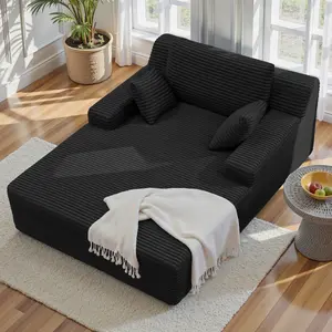 Oversized Chaise Lounge Chair Indoor, Non-Assembly Deep Seat Sofa Bed Corduroy Sleeper Cloud Couch with 2pcs Pillows for Reading Living Room-Black