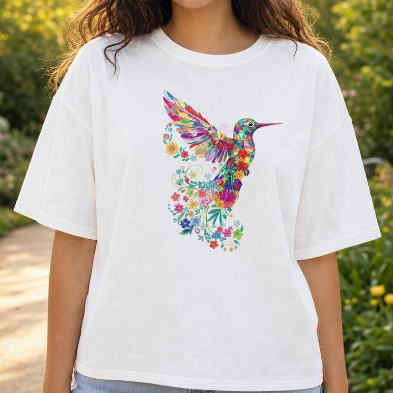 Lady's 100% Cotton Round Neck Short-Sleeve T-Shirt - Watercolor Floral Graphic, Drop Shoulder, Breathable Boho Nature Casual Wear Top