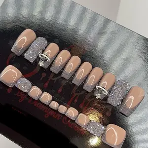 Handmade Grey2.0 Press On Nails - Medium Coffin Length, Gel Material, Reusable - Luxury