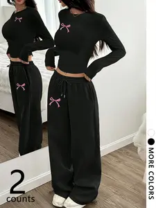 Women's Casual Set, Elastic Comfortable Asymmetrical Neckline Long Sleeve Crop Top and Wide Leg Pants, All Seasons Wear Outfit