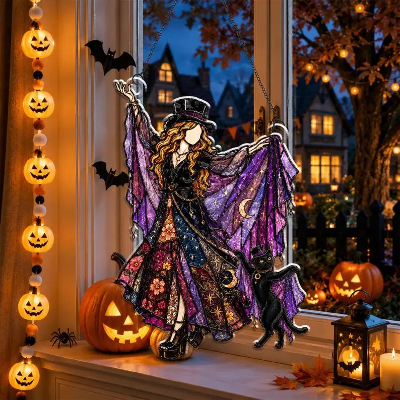 Stevie Nicks Inspired Witchy Goddess Stained Glass Acrylic Suncatcher Window Hanging Art, Durable High-Quality Material, Perfect Boho Gift for Music Lovers & Black Cat Moms Home Decor