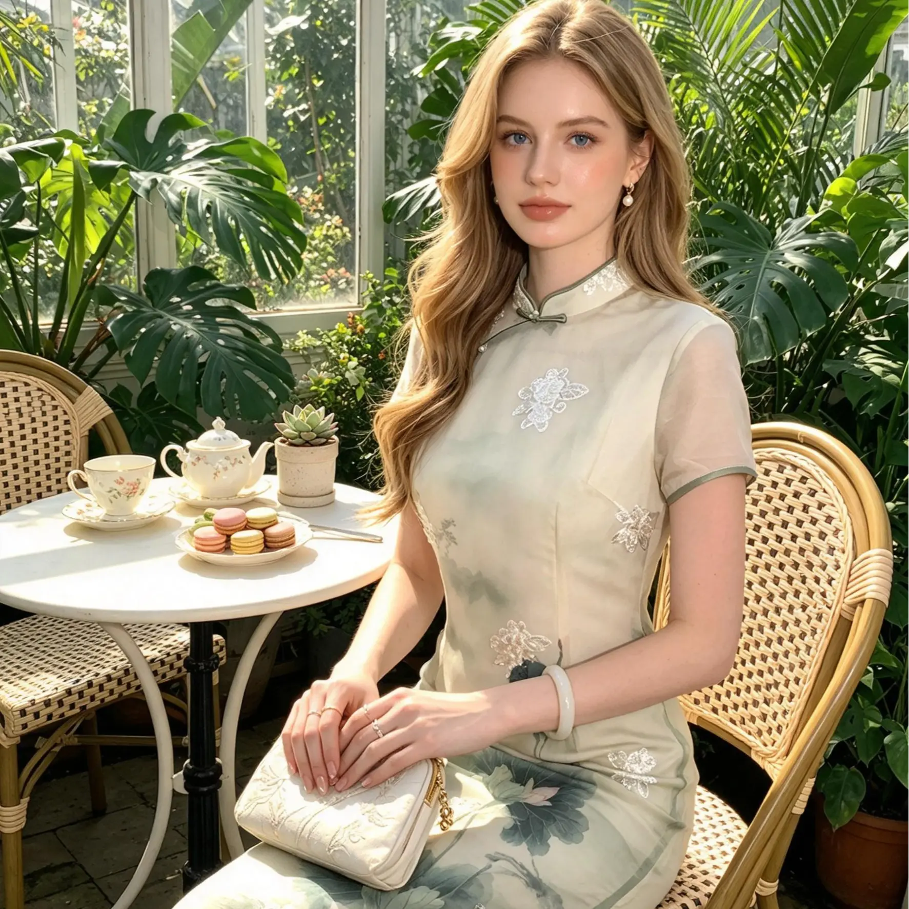 Ao Dai Style Light Green Ink Wash Lotus Mesh Panel Ethereal Chic High-Quality Layered Loose-Fit Slimming Fresh Neo-Chinese Dress