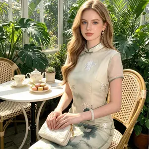 Ao Dai Style Light Green Ink Wash Lotus Mesh Panel Ethereal Chic High-Quality Layered Loose-Fit Slimming Fresh Neo-Chinese Dress