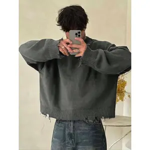 Men's Solid Ripped Drop Shoulder Sweater, Loose Casual Long Sleeve Round Neck Jumper for Fall & Winter, Men's Knitwear for Daily Wear,autumn outfit jumper