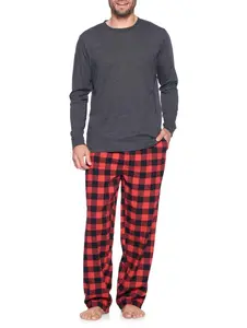 Ashford & Brooks Menswear Long Sleeve 2-Piece Ribbed Cotton-Polyester Fabric Pajama Set - Shirt Tee, Flannel Pants Sleepwear, Red Buffalo Check, Small
