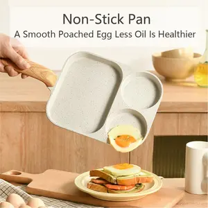 Non-stick Egg Frying Pan, 3 Holes Skillet With Handle, Nonstick 3-In-1 Divided Grill Pan - Multi-Use Egg Cooker, Omelette/Pancake Pan with Steak Function, Gas/Induction Compatible + Free Oil Brush & Scraper，Easy Clean，Breakfast Gadget，Family-Safe