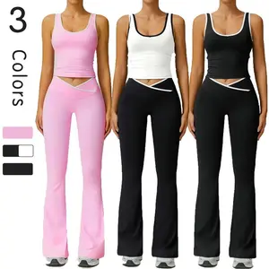 Two-Piece Set Women's Colorblock Contrast Binding Crop Tank Top & Flare Leg Pants Tracksuit Set, Scoop Neck Sleeveless Top & Cross Waist Bell Bottom Trousers, Work Out Sets Women Workout Summer Clothes Yoga Wear Workout Yoga Spandex Athleisure Style
