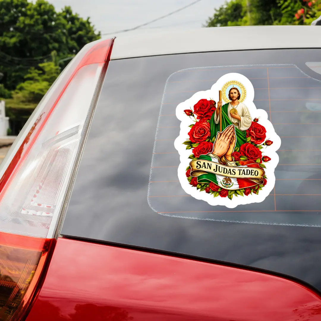 San Judas Tadeo Car Sticker, Vehicle Exterior Decoration for Cars & Large Flat Surfaces, Durable Personalization Accessory with Easy Installation & Free Bonus Stickers