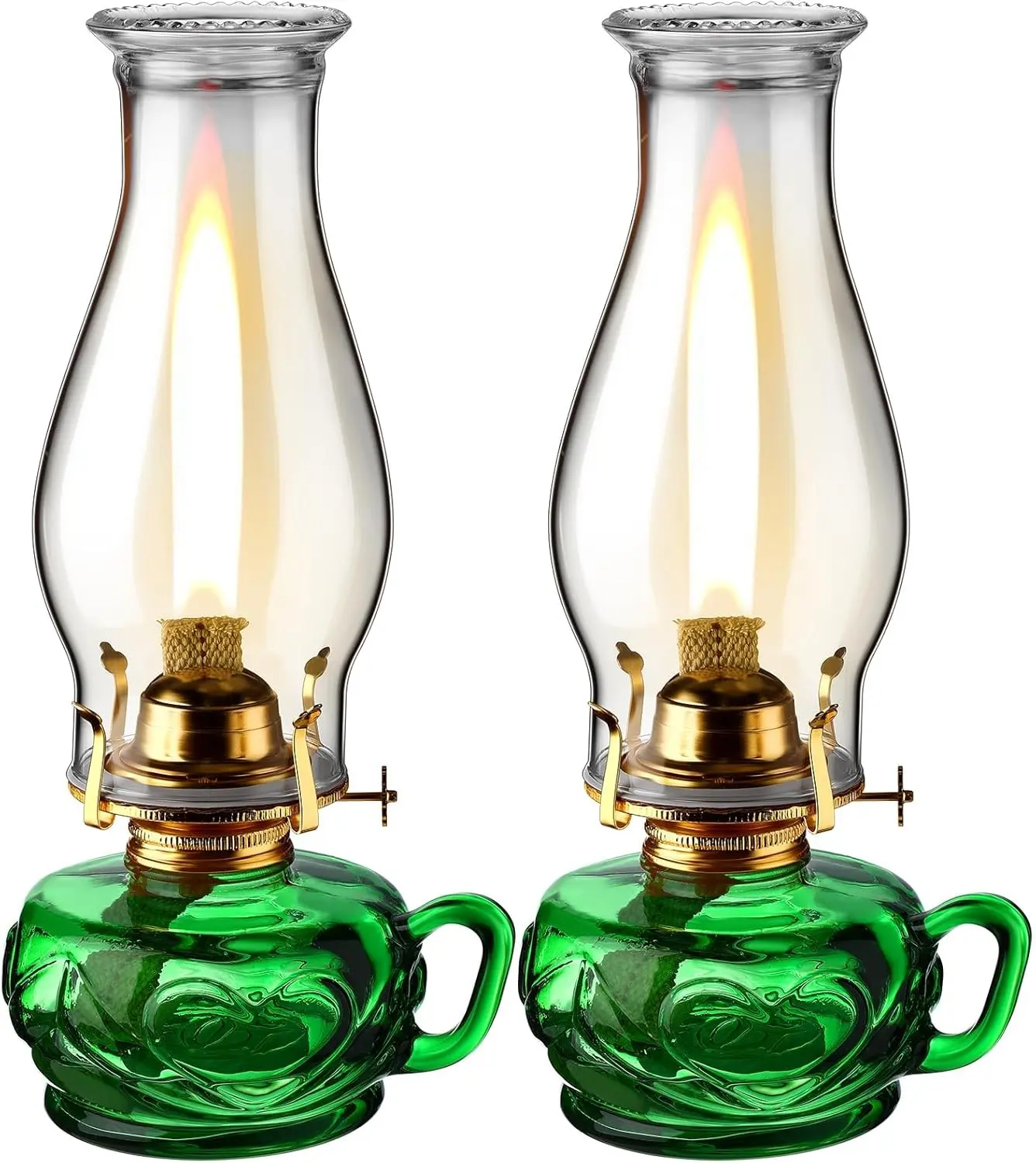 Yahenda 2 Pcs Chamber Oil Lamp Classic Kerosene Lamp Lantern Vintage Oil Lantern Decorative Antique Hurricane Lamp with Adjustable Fire Wick for Home Indoor Use, 12.6 Inch Height (Green,Gold)
