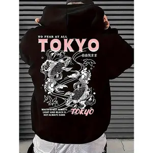 NO FEAR AT ALL TOKYO print, Men's casual And Cozy Hoodies, Trendy Long Sleeve Hooded Sweatshirt, Casual versatile Top For Autumn Winter Menswear Black