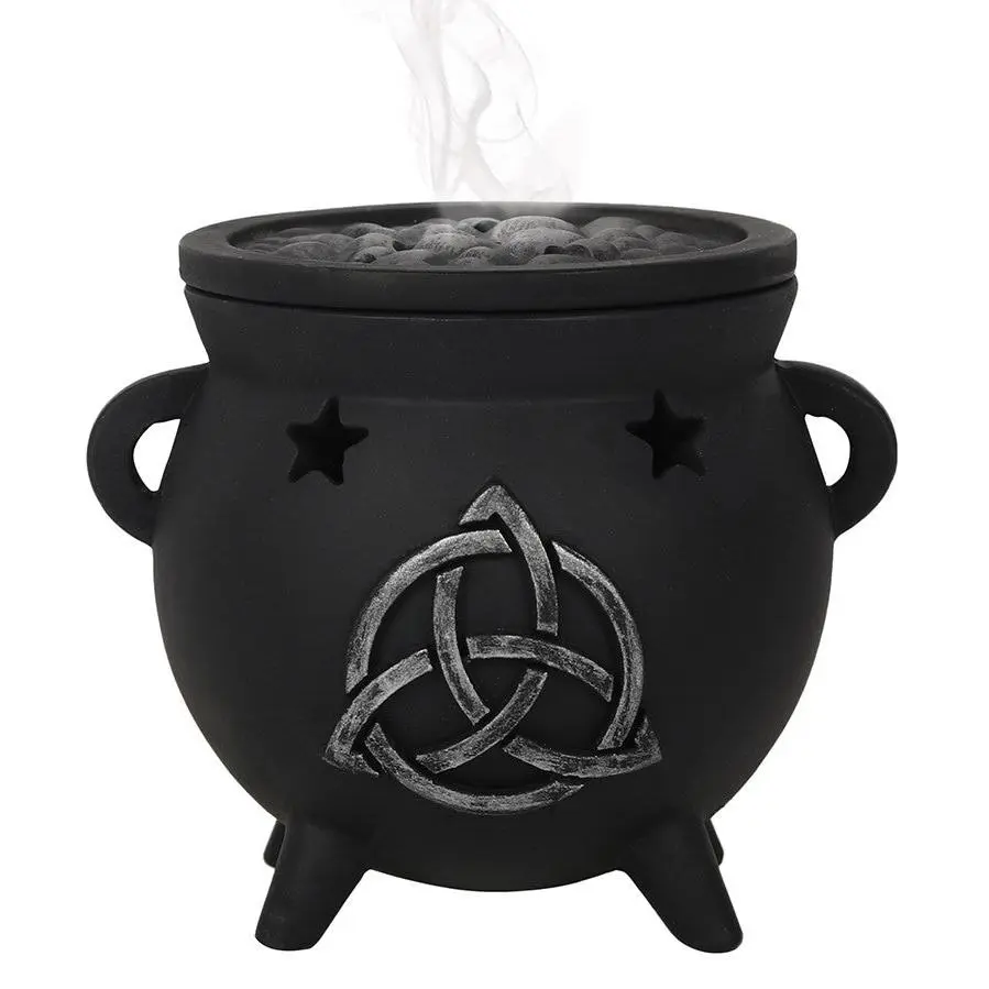Wicca Sacred Triquetra Symbol Stars Cutout Witch Cauldron Incense Cone Burner