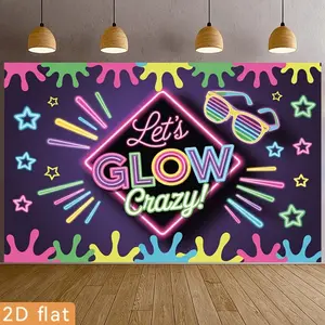 2D Flat Banner Polyester Photography Backdrop, HD Digitally Printed Neon Glow Party Theme Background Cloth featuring "Let's GLOW Crazy!" sign, colorful stars, paint splatters, and shutter shades, soft lightweight foldable for birt