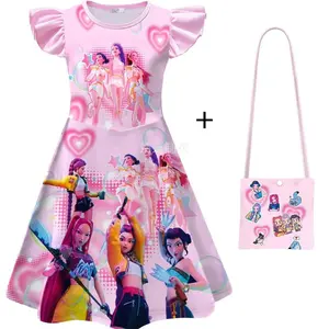NewGirls KPOP Demon Hunter Huntrix Role Printed Sleeve Dress with Bag,Rumi Mira Zoey Character Design Outfits Casual Fit for Kids 3-14 Years