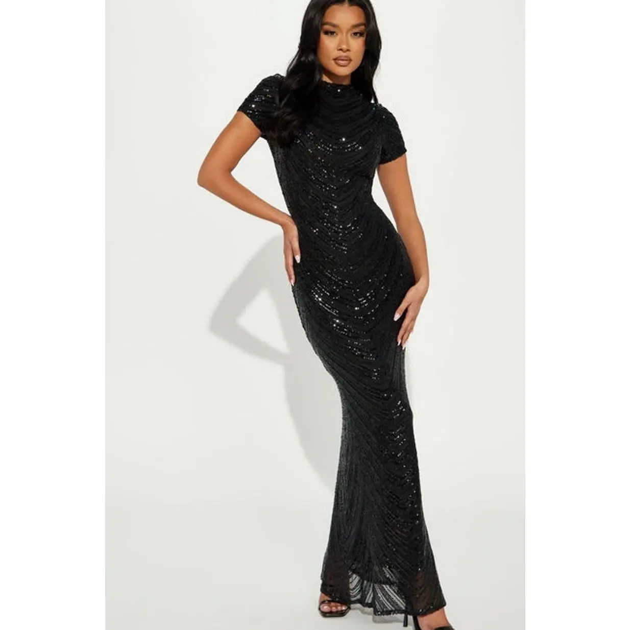 Women's Lady's Sequin Short Maxi Dress - Black, Spandex-Polyester Fabric, Casual Womenswear