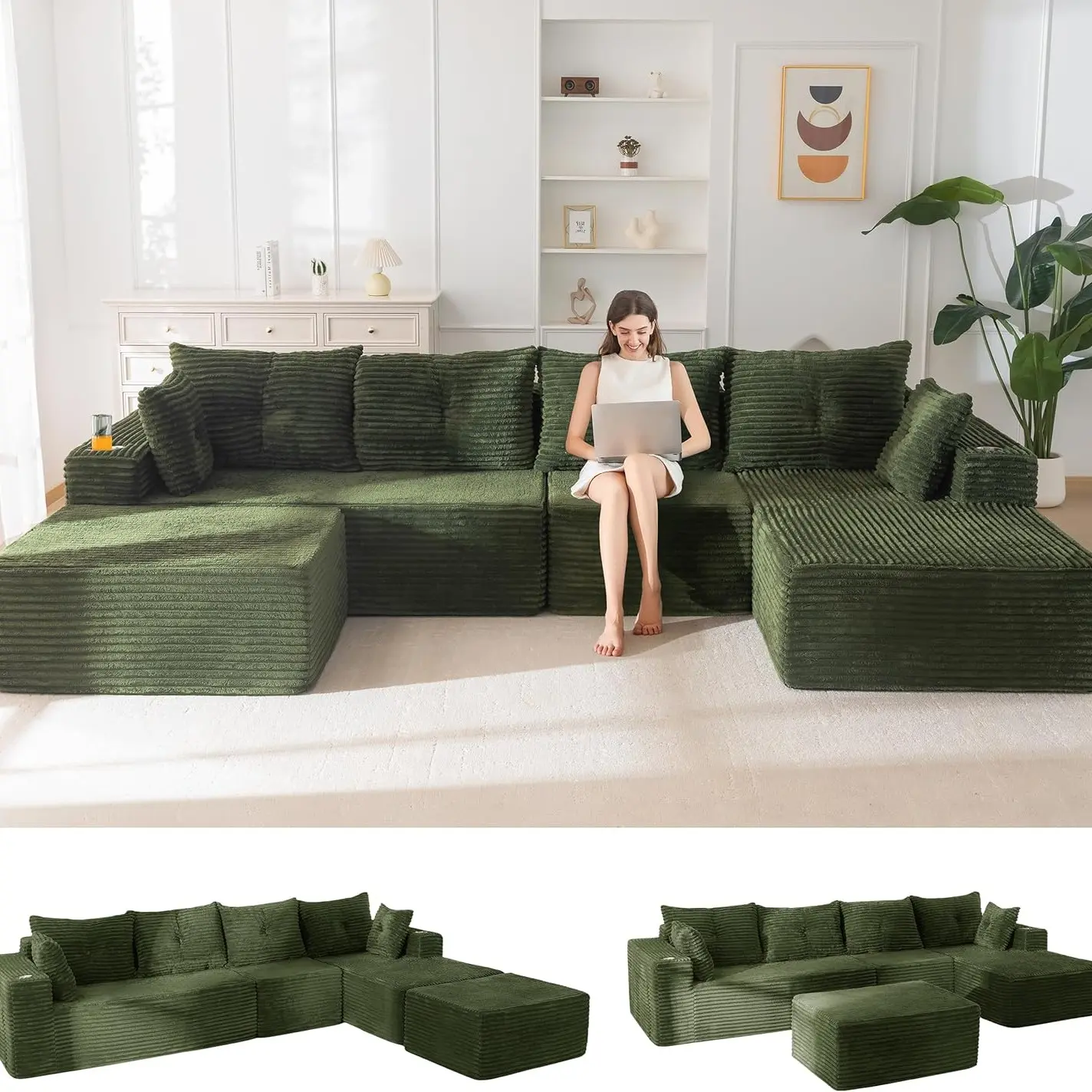 Green Large U Shape-Right Facing Chaise