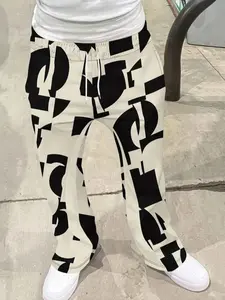 Men's Loose Fit 3D Geometric Print Bell Bottomed Pants, Casual Sporty Streetwear Pants, Hip Hop Vintage Long Pants for All Seasons, Casual Sport Trousers, Casual Beach Pants