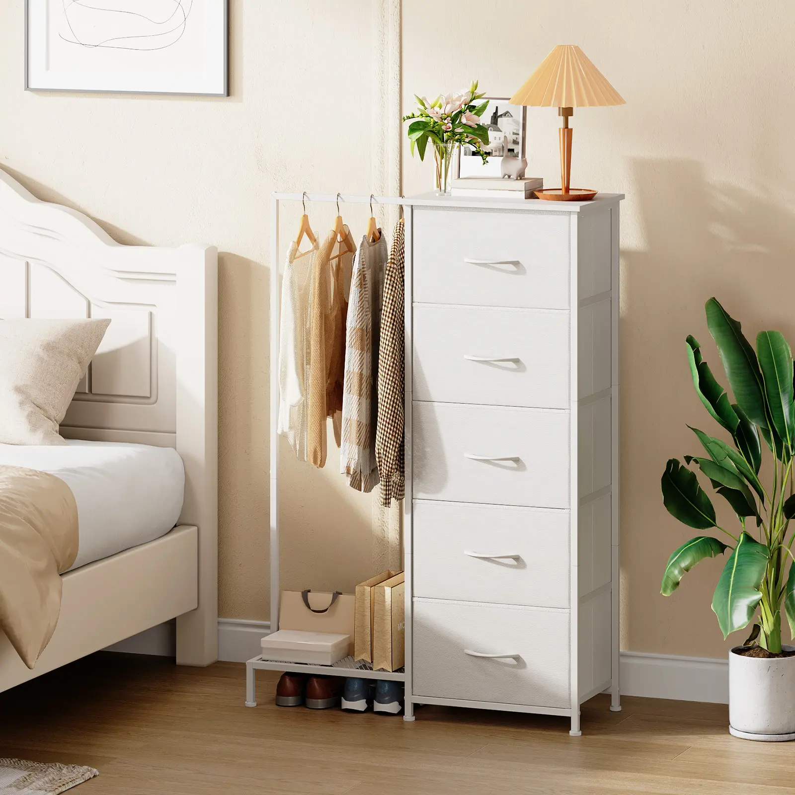 Adjustable Dual-Purpose Dresser Closet with 5-Drawer, 45-Inch Hanging Rod (15-Inch Longer), Closet Storage & Drawer Organizer Wardrobes for Small Spaces, Entryway Indoor Furniture