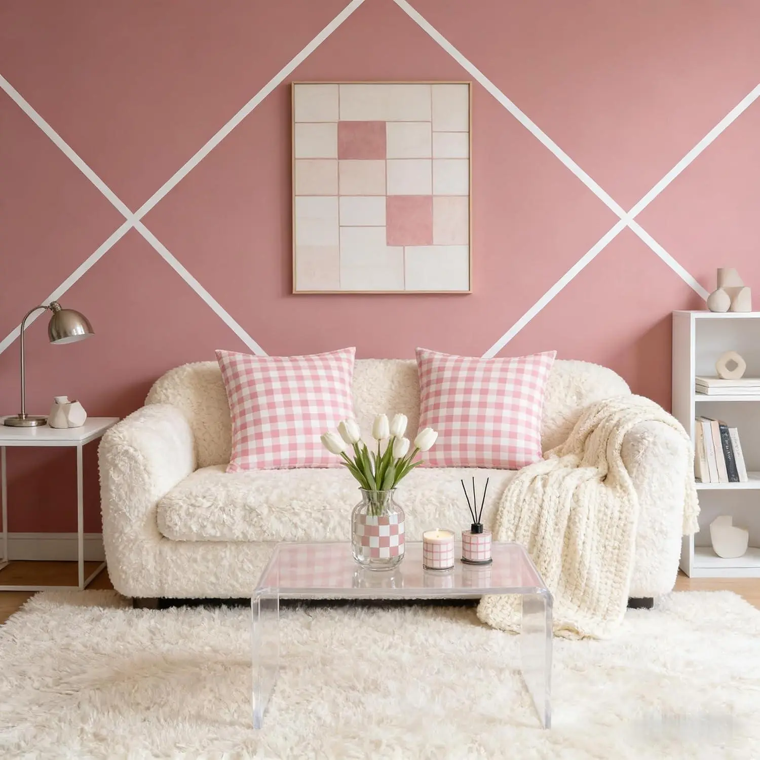 Pink and White Double Sides Print Pillow Covers,Vintage Grid Checkered Soft Square Cushion Cases,Gingham Plaid Print Abstract Style Throw Room Decor