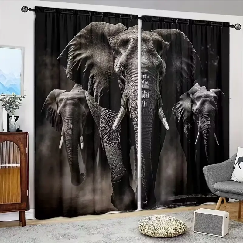 Elephant Print Curtains Set of 2, Curtain for Windows, Half-Transparent Roller Blinds, Fashion Home Decor for Living Room, All Seasons, Home Decorative Curtain, Home Decoration Curtain