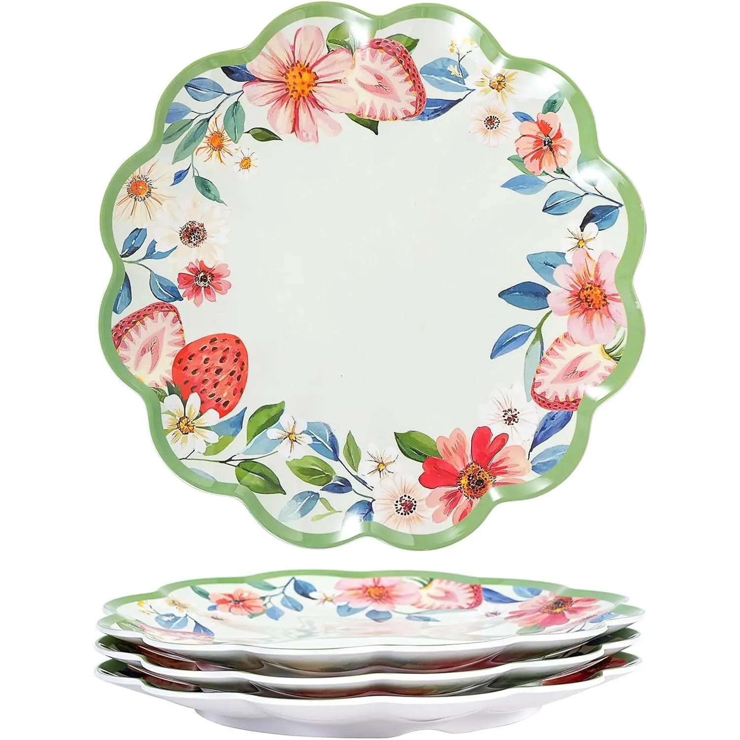 Molidiki 4-Piece Melamine Dinnerware Set – 11 Inch Strawberry Design, Shatterproof, Lightweight Plates for Daily Use, Dishwasher Safe, Spring Decoration Themed Plates