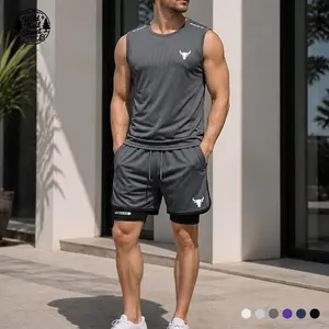 Men’s athletic set: breathable sleeveless top + compression shorts with lining, suitable for running and sports activities
