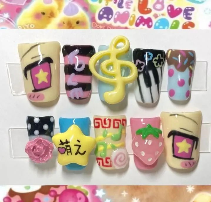 Harajuku Decora Press On Nails Kawaii Pastel 3D Music Notes Strawberry Handmade Reusable Almond Fake Nails with Free Adhesive Tabs Nail File & Cuticle Stick