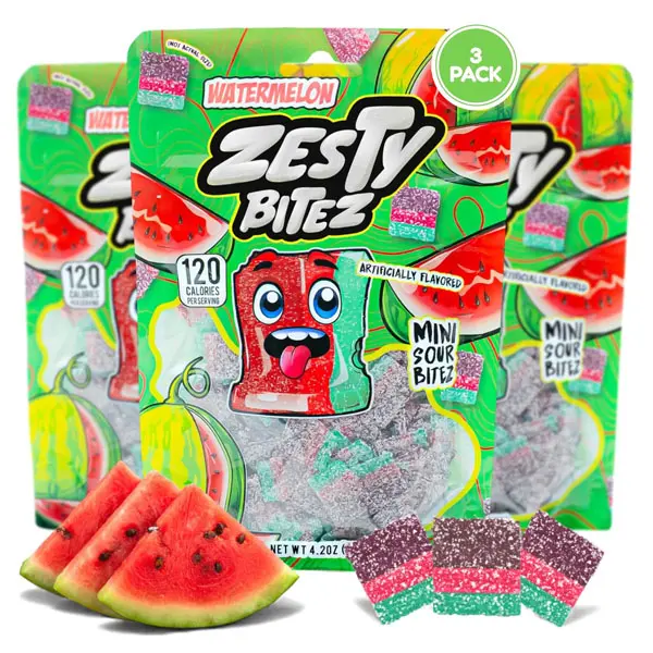 Zesty Bitez Watermelon Sour Candy Strips Bites – Sour Belts with Intense Tangy Fruity Flavor – Mini Vegan Gummy Bites in Resealable 3-Pack – Thin Sweet & Mouth Puckering Sour Candy (3 Pack)