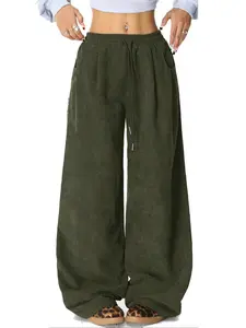Women's Corduroy Wide Leg Pants, High Waist Design, Elastic Waistband, Warm & Windproof, Casual Loose Fit All Season Wear