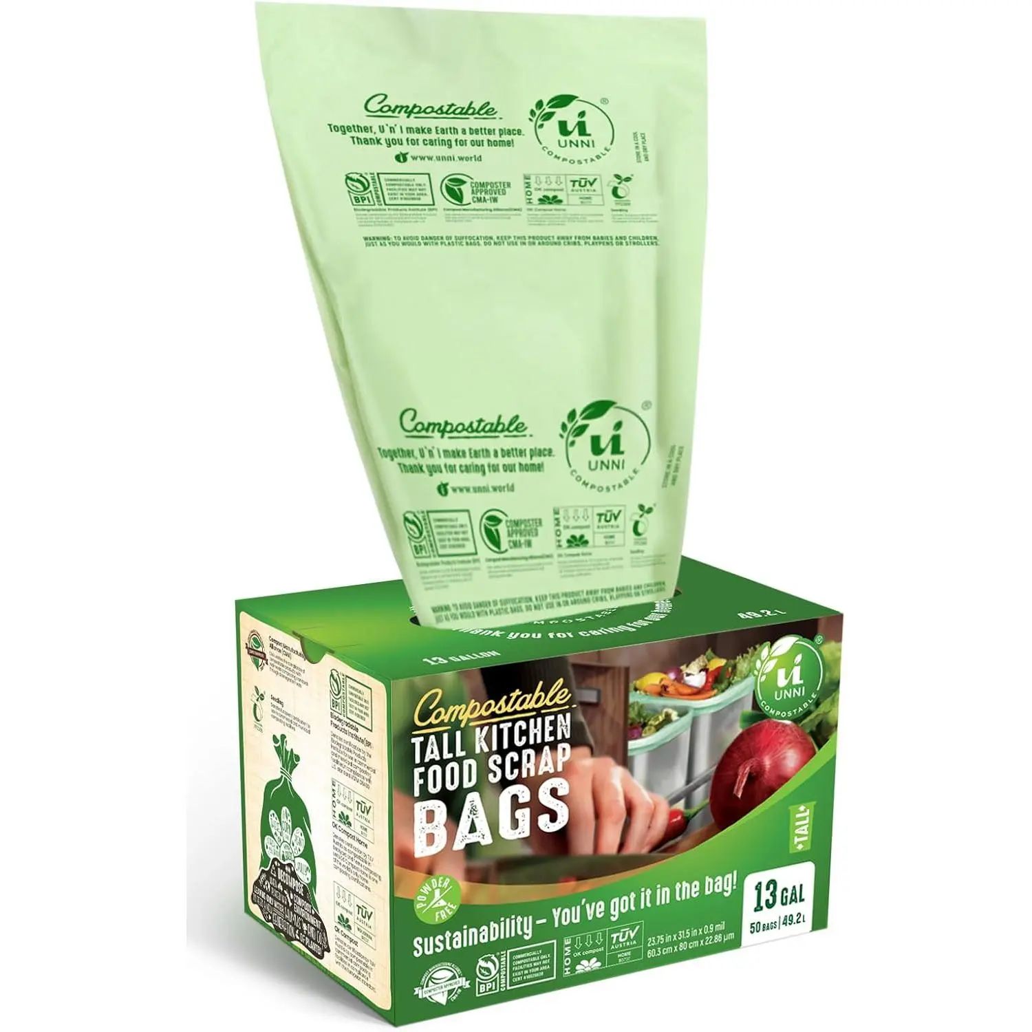 UNNI 13-Gallon Compostable Trash Bags, 50-Count Tall Kitchen Food Scrap Bin Liners, 0.9 Mil, BPI, CMA and OK Compost HOME Certified