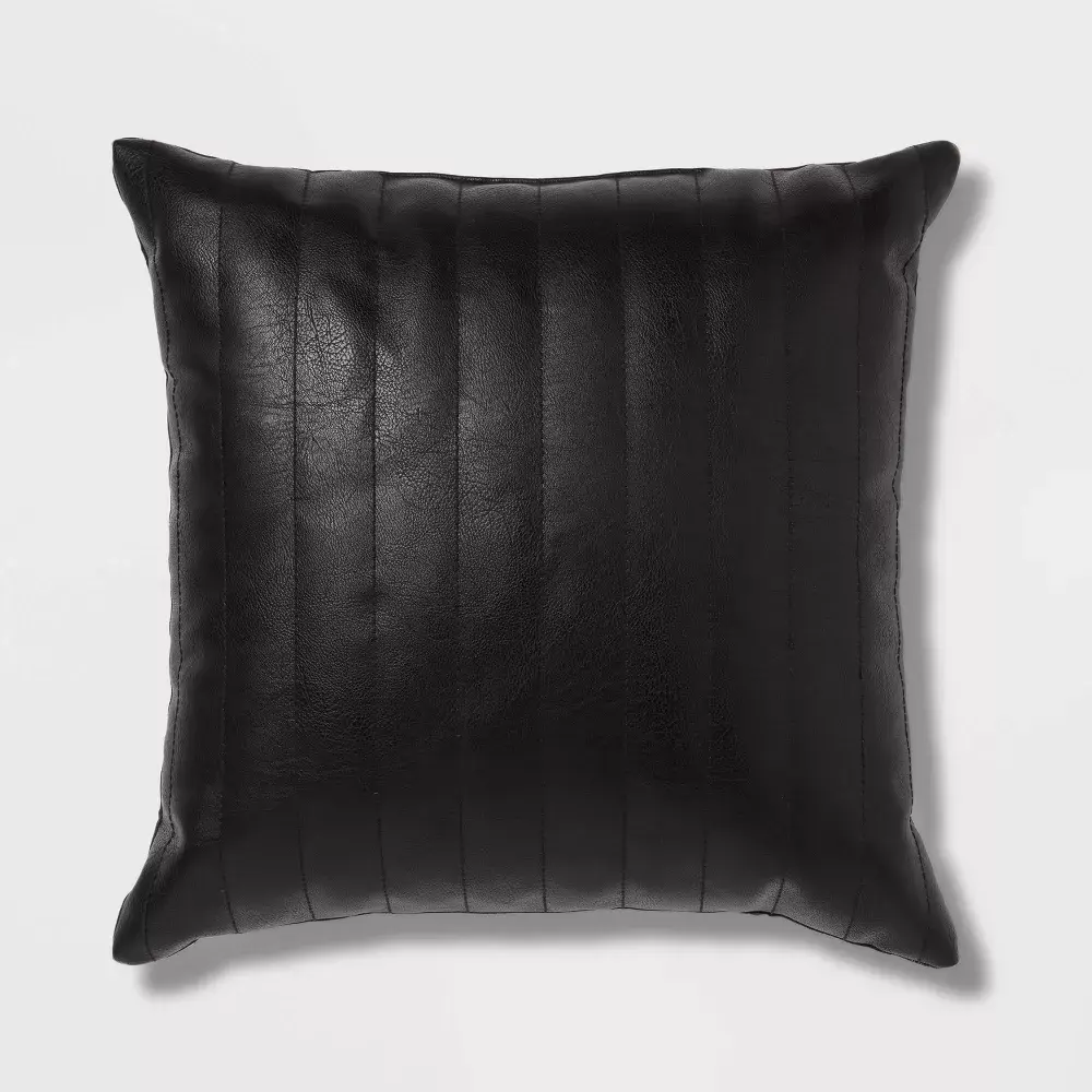 Square Faux Leather Channel Stitch Decorative Throw Pillow Black - Threshold