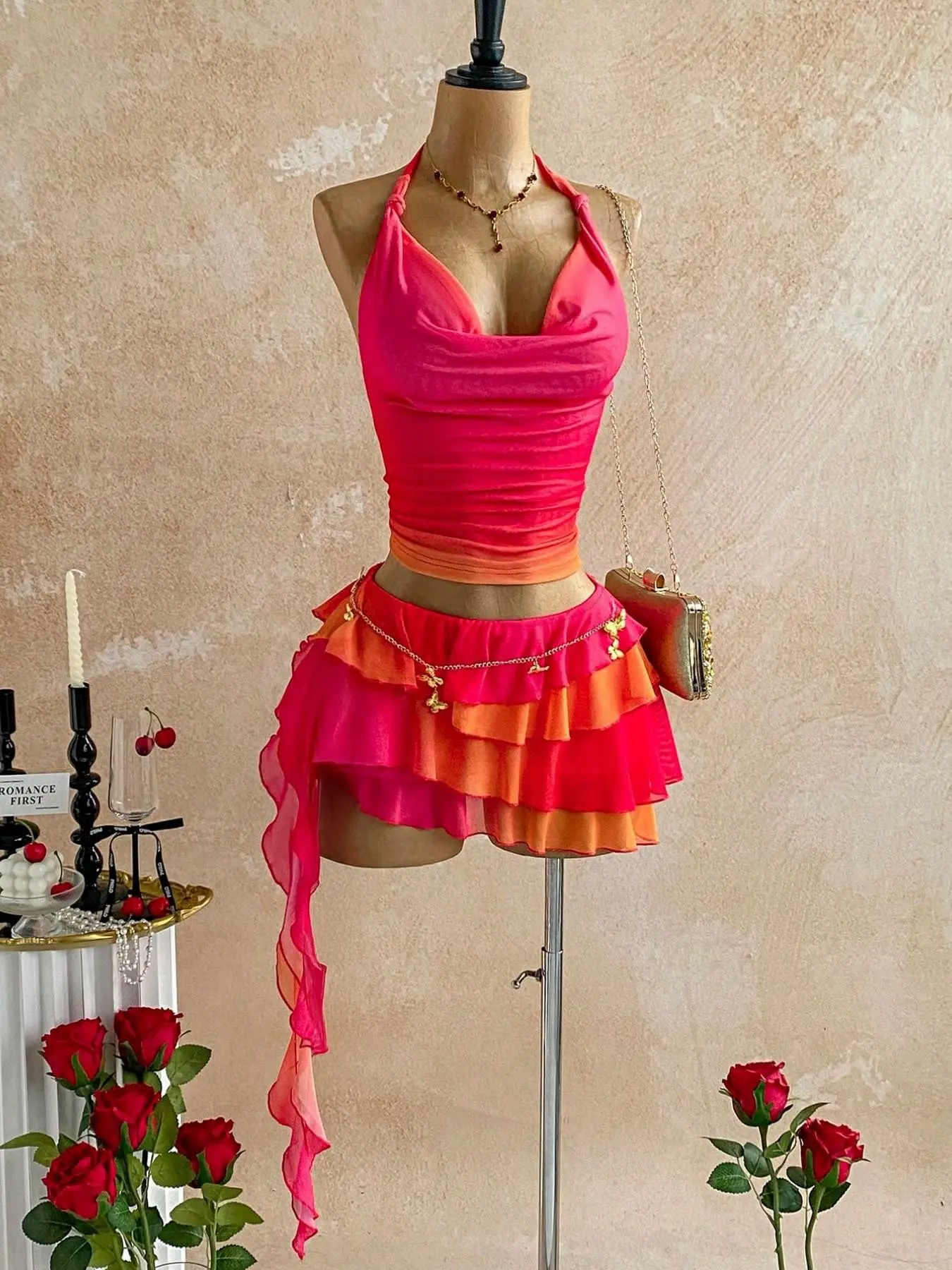 2026 Summer New Women's 2-Piece Set, Sexy Vacation Style, Gradient Halter Top + Ruffle Skirt, Casual, Party, Date, Ruffled, Clothes