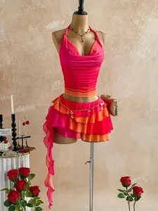 2026 Summer New Women's 2-Piece Set, Sexy Vacation Style, Gradient Halter Top + Ruffle Skirt, Casual, Party, Date