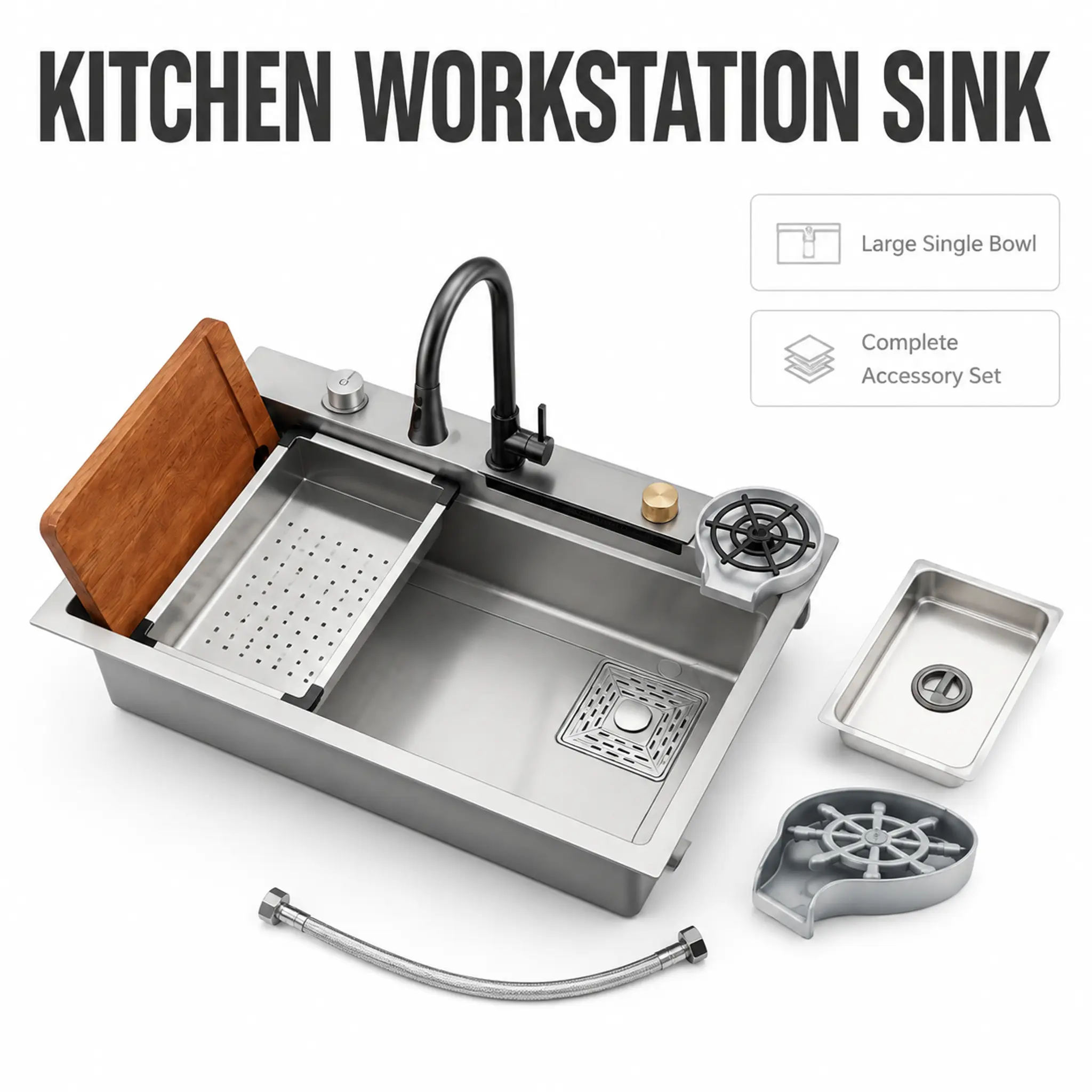 Thickened, large, single-bowl stainless steel kitchen sink set – handmade undermount design for washing dishes, hands, and produce.
