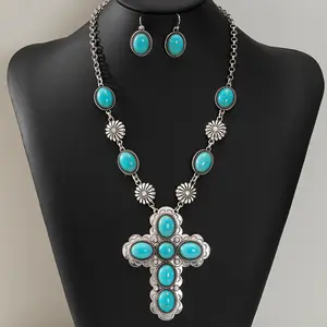 1 Pair Of Earrings + 1 Necklace Boho Style Jewelry Set Silver Plated Inlaid Turquoise Retro Cross Design Match Daily Outfits Party Accessories