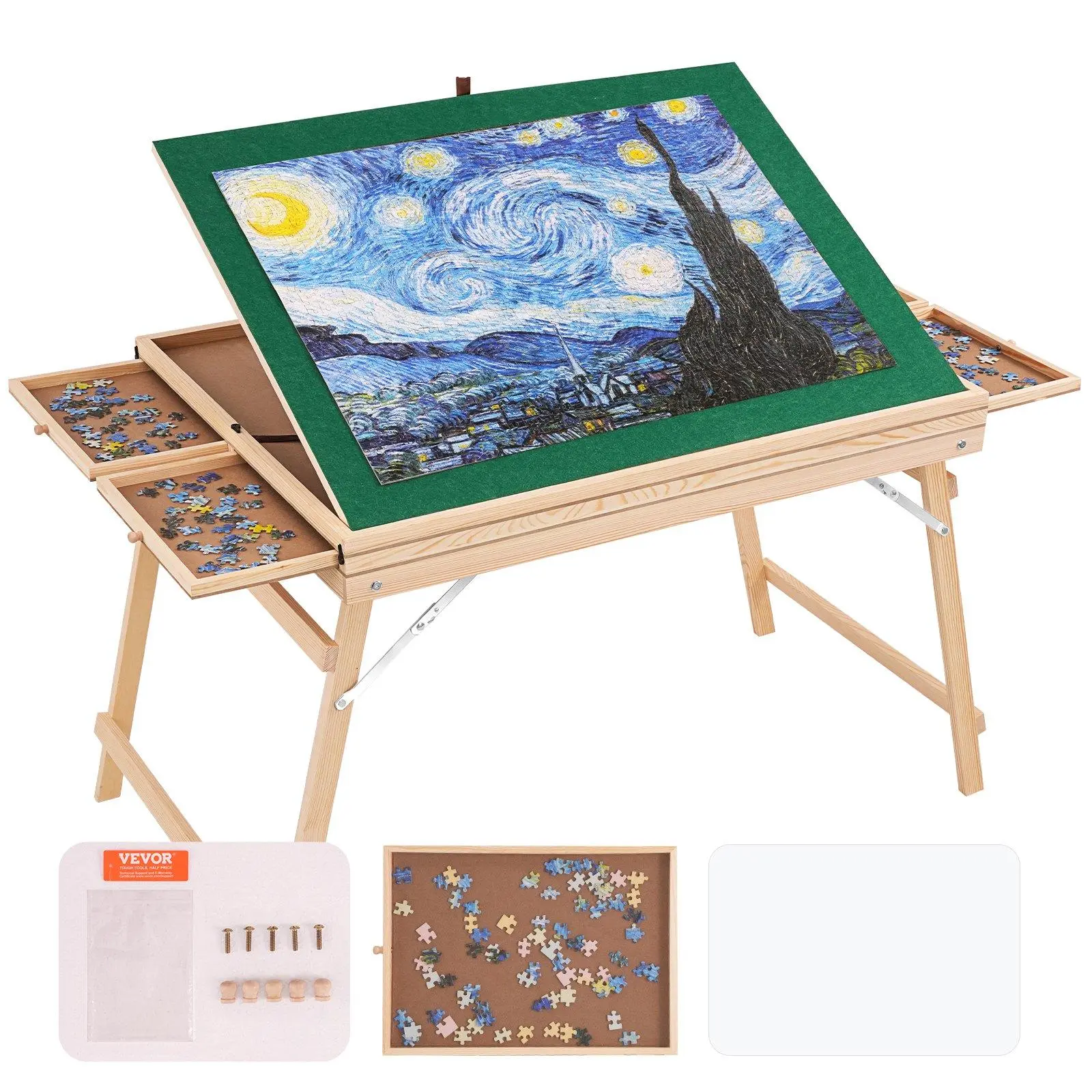 【Summerfinds】VEVOR 1500 Piece Puzzle Table with Folding Legs 4 Drawers and Cover32.7"x24.6" Wooden Jigsaw Puzzle PlateauAdjustable 3-Tilting-Angle Puzzle BoardPuzzle Storage System for AdultsGift for Mom
