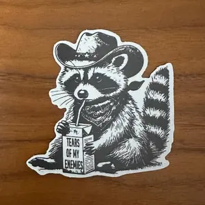 Cowboy Raccoon Sticker – “Tears of My Enemies” Funny Western Vinyl Decal, Waterproof for Laptop & Bottle