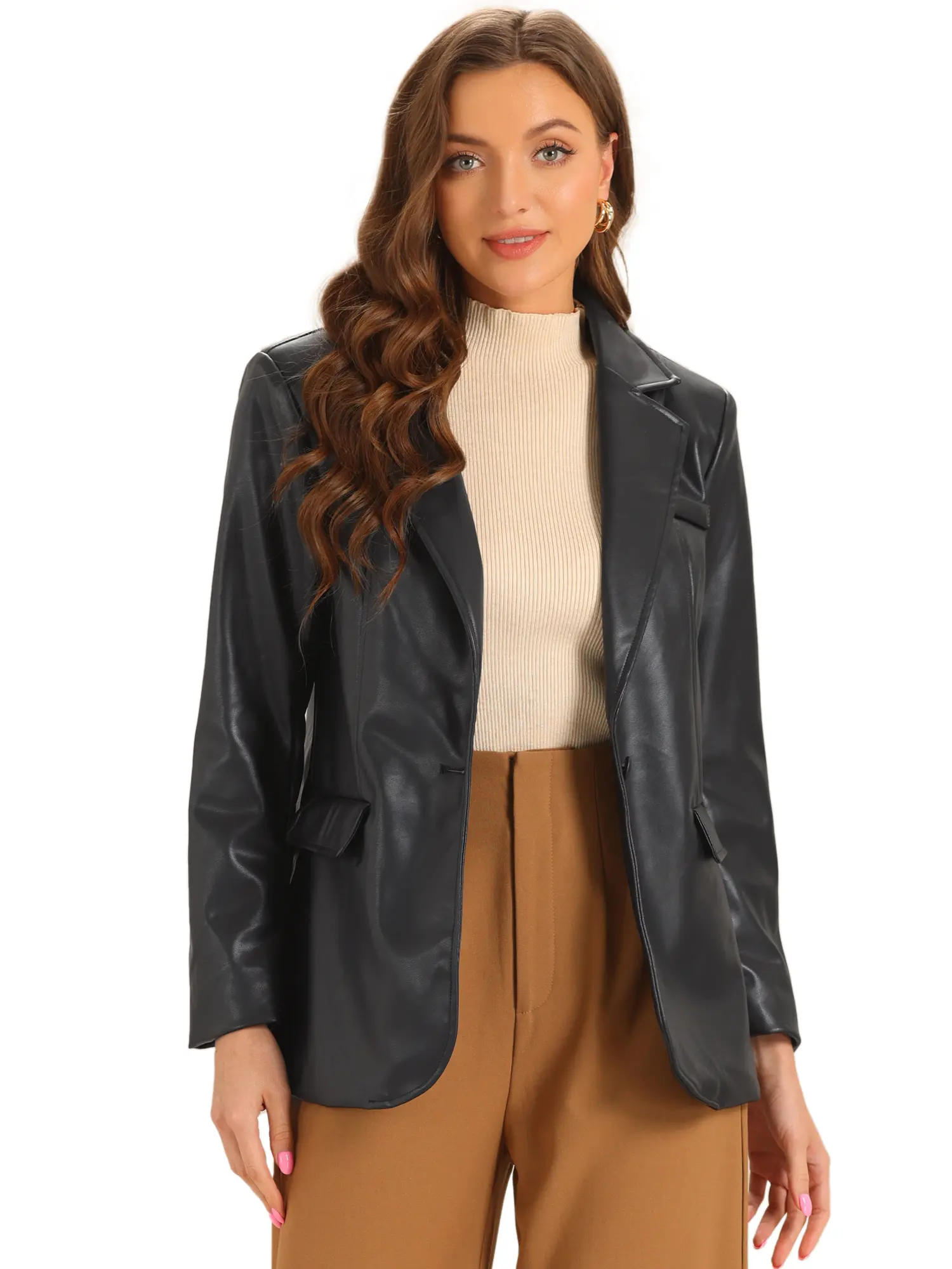 INSPIRE CHIC Faux Leather Blazer for Women's Lapel Collar PU Moto Biker Jackets