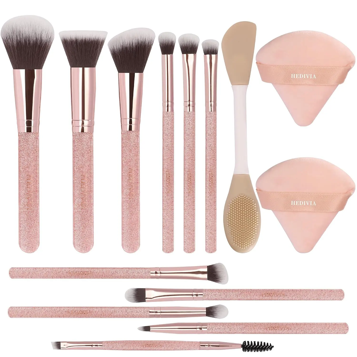Pink Makeup Brushes Set 14 Pcs Professional, Synthetic Foundation Concealer Powder Blush Eyeshadow Brushes with 2 Powder Puffs & Dual-ended Mask Applicator, Gifts for Women Teen Girls