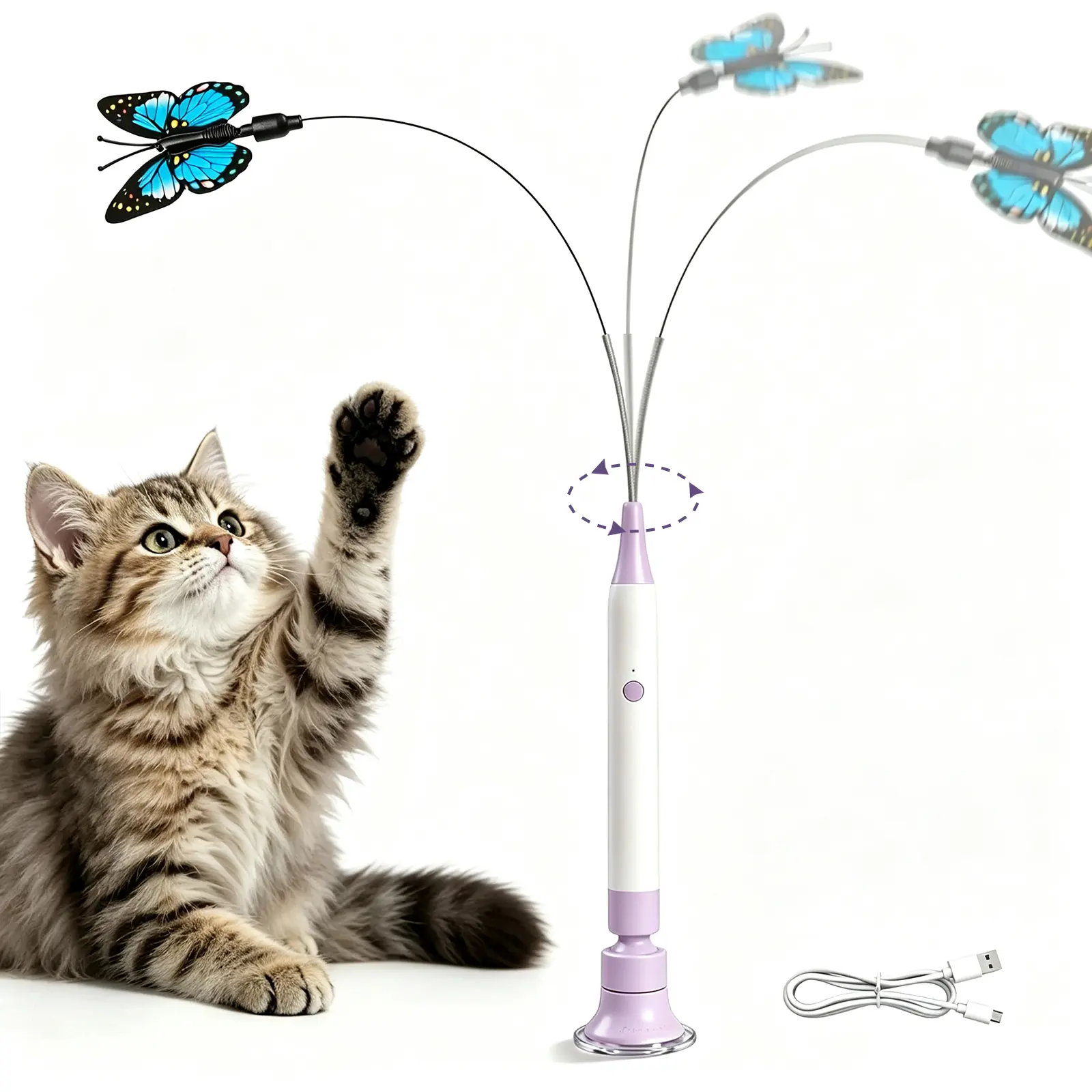 Rechargeable Fluttering Butterfly Cat Toy Wand - Touch Activated Interactive Electric Cat Teaser with Heavy Duty Suction Cup, Automatic Self-Play & Handheld Modes, Durable Motion Toy for Indoor Cats