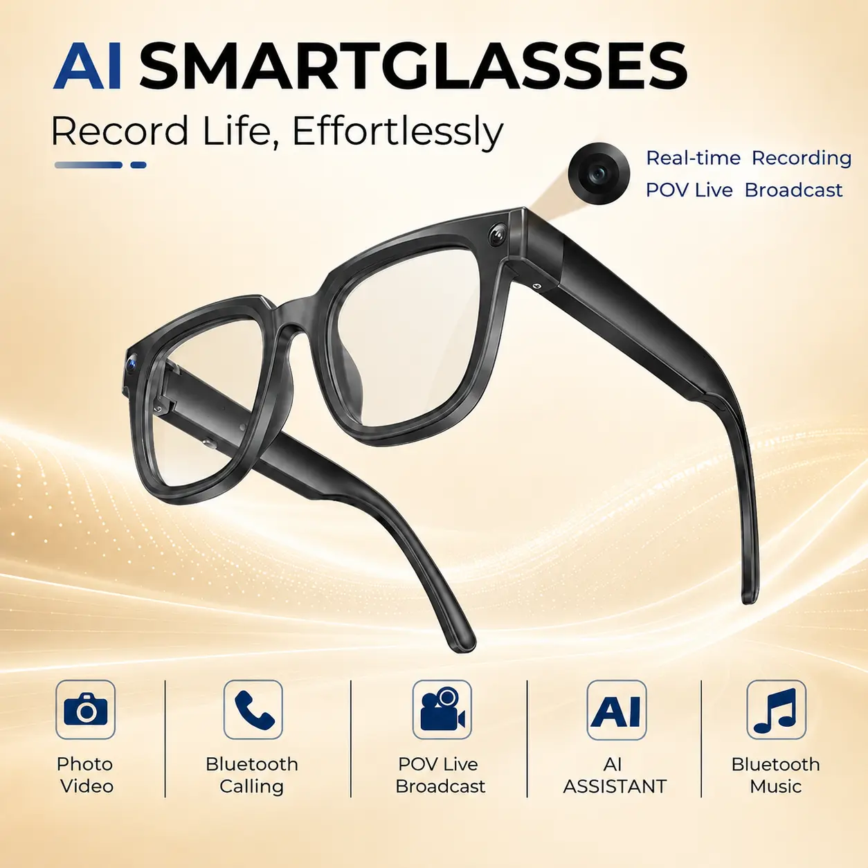Unisex Adults' AI Smart Glasses - 8MP Camera, Photo & Video Recording, Hands-Free POV Capture, App-Based Translation, Bluetooth Calls, WiFi, Android Compatibility, Lightweight Wireless Touch-Controlled Eyewear for Travel, Daily Use