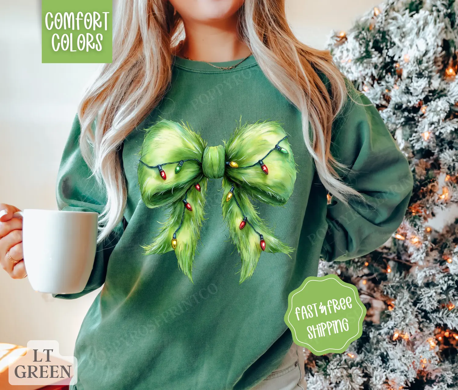 Grinchy Bow Comfort Colors Sweatshirt, Christmas Sweater Womenswear, Holiday Crewneck
