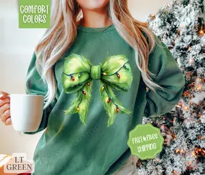 Grinchy Bow Comfort Colors Sweatshirt, Christmas Sweater Womenswear, Holiday Crewneck