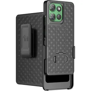 Case with Clip for Motorola Moto G Power 5G (2025), Nakedcellphone Slim Hard Shell Phone Cover with Kickstand and [Rotating/Ratchet] Belt Hip Holster Combo - Black
