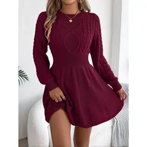 Women's cable-knitted sweater dress with waist and straight shoulders, long-sleeved round neck A-line sweater dress for autumn and winter, suitable for dating and commuting