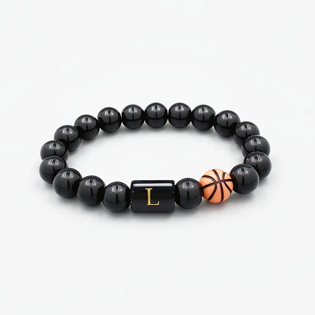 1pc Fashionable A-Z Alphabet Beaded Bracelet with Basketball Charm - Elastic Cord Wristband, Ideal for Couples & Friends, Perfect Birthday or Holiday Gift, Basketball Bracelet