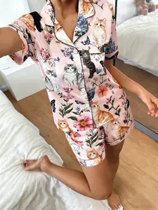 Women's Cat Theme Short Sleeve Shorts Cardigan Pajama Set, Butterfly Floral Print, Casual Loose Fit Homewear Two-Piece