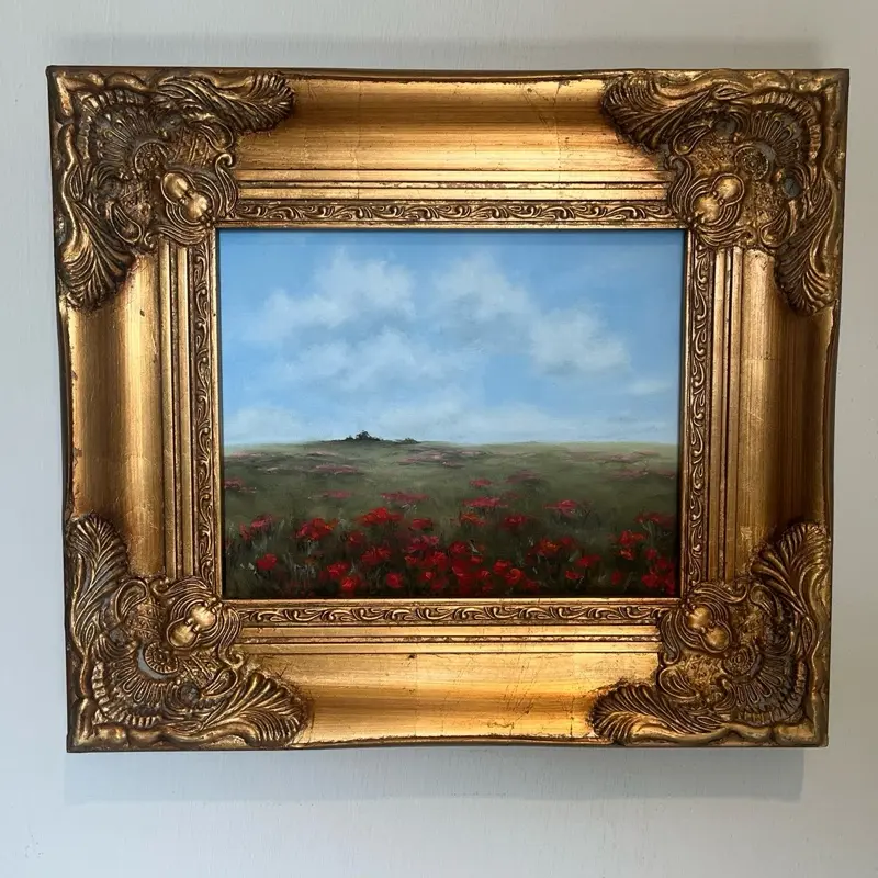 Impressionistic landscape Framed Original oil painting field of poppies sky and clouds over  meadow red poppy wildflowers home decor 8x10 inches