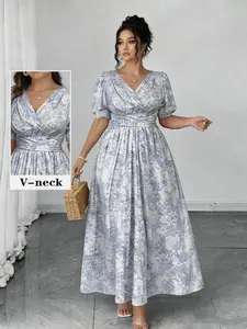 Plus Size Blue Floral Print Smooth Satin Long Dress, V Neck Pointed Design, Elegant Women's Fashion, Comfortable & Stylish